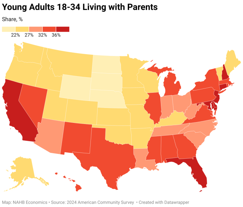 Young Adults 18-34 Living with Parents (Choropleth map)